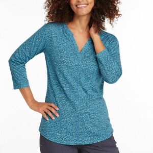 14 L.L.Bean Teal Leopard V-Neck Top Size S | Streamside Tee Split Neck